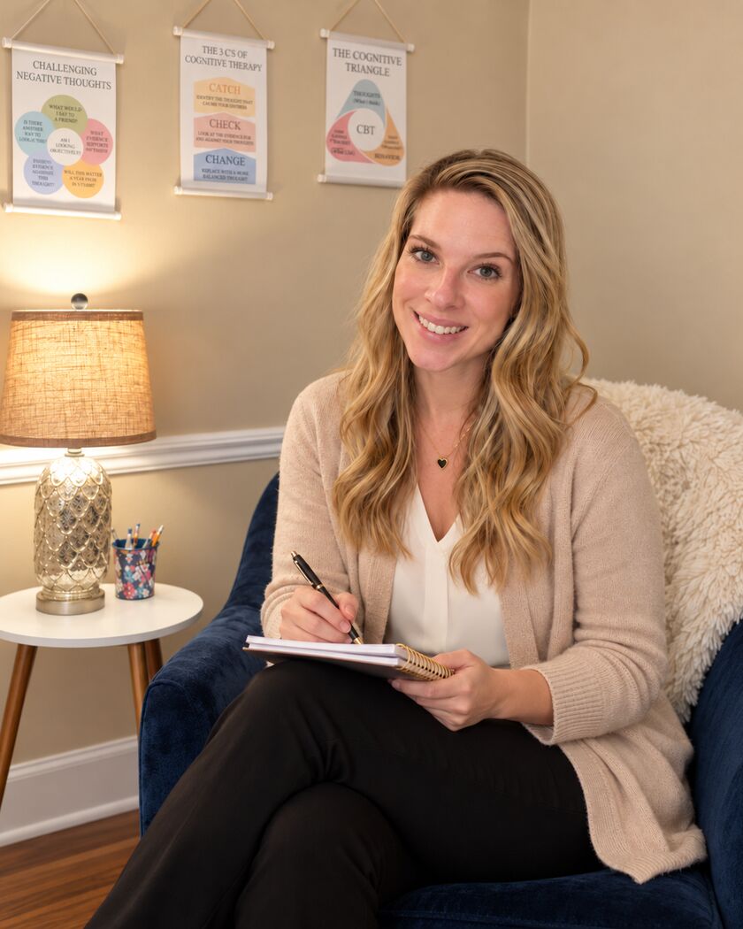 Haley Llewellyn, MSW, RCSWI, smiling in her Tallahassee therapy office